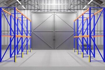 Warehouse shelves in a warehouse. The concept of warehousing, working in a warehouse on a forklift. 3d render, 3d illustration.