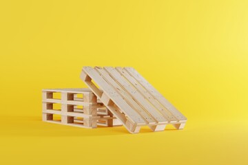 Warehouse pallets on a yellow background. The concept of warehousing, working in a warehouse on a forklift. 3d render, 3d illustration.