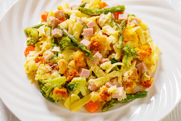 Ham and Noodle Casserole on white plate, top view