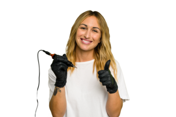 Tattoo artist caucasian woman isolated on green chroma background smiling and raising thumb up