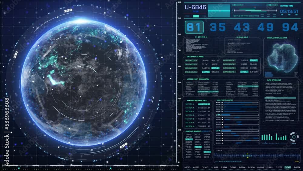 Aufkleber Digital technology futuristic HUD UI system interface infographic display element. HUD dashboard scanning realistic earth 4K motion graphic display.