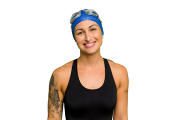 Young caucasian swimmer woman isolated on green chroma background happy, smiling and cheerful.