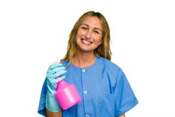 Young cleaner caucasian woman isolated green chroma background happy, smiling and cheerful.
