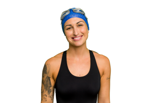 Young caucasian swimmer woman isolated on green chroma background happy, smiling and cheerful.