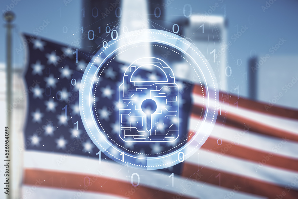 Poster double exposure of virtual creative lock hologram with chip on usa flag and blurry cityscape backgro