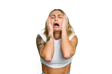 Young caucasian woman isolated on green chroma background whining and crying disconsolately.