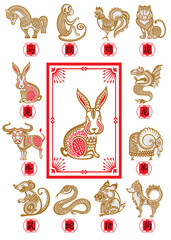 Chinese new year, zodiac signs, papercut icons and symbols. Vector illustrations