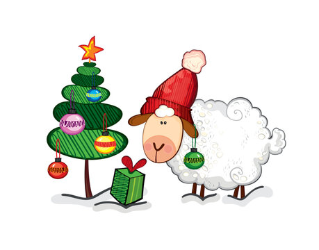 Merry Christmas card for your design with funny cute sheep in red hat.