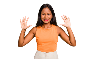 Young Indian woman isolated showing number ten with hands.