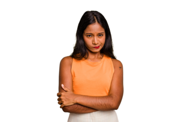 Young Indian woman isolated unhappy looking in camera with sarcastic expression.