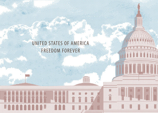 Vector banner or card with the words Freedom forever and image of the US Capitol building in Washington, DC. The Western facade of the Capitol. Retro-style illustration of American landmark