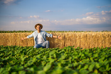 Fototapeta premium Happy farmer enjoys in his growing wheat and soybean field. 