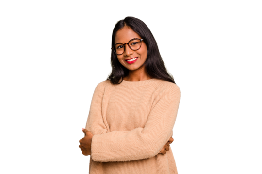 Young Indian woman isolated who feels confident, crossing arms with determination.