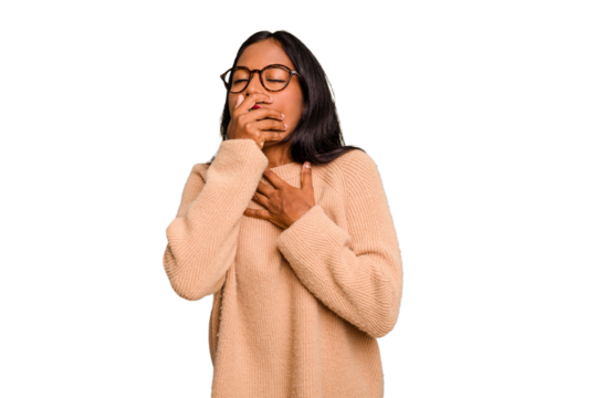 Young Indian woman isolated suffers pain in throat due a virus or infection.