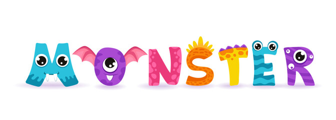 Kids Cartoon Monster Lettering, typography design, alphabet for poster, banner, card, invitation. Cute Vector Illustration