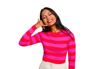 Young Indian woman isolated showing a mobile phone call gesture with fingers.