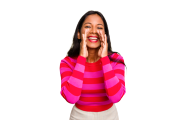 Young Indian woman isolated saying a gossip, pointing to side reporting something.