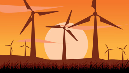 Illustration of windmills in the field generating renewable energy. Environment and clean energy concept.