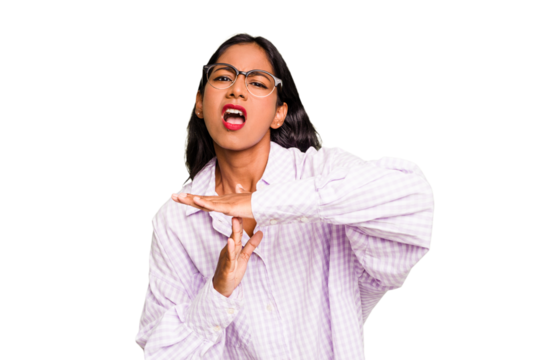 Young Indian woman isolated showing a timeout gesture.