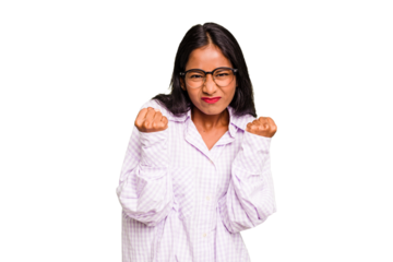 Young Indian woman isolated showing fist to camera, aggressive facial expression.