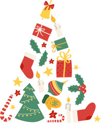 Stylish Christmas tree with different New year objects