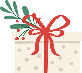 Stylish gift box with ribbon on Christmas post card