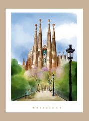 Barcelona Architecture Cathedrals watercolor vector drawing. For illustrations. Gaudi's Cathedral, architecture in barcelona, vintage engraved illustration, hand drawn, sketch