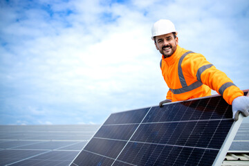 Portrait of professional worker technician standing on rooftop and installing solar panels for...