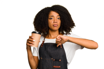 Young african american woman barista holding a takeaway coffee showing a dislike gesture, thumbs down. Disagreement concept.