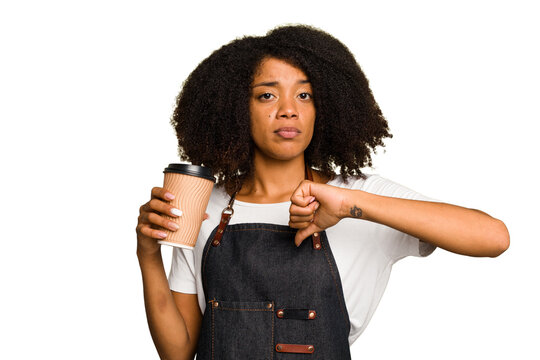Young african american woman barista holding a takeaway coffee showing a dislike gesture, thumbs down. Disagreement concept.