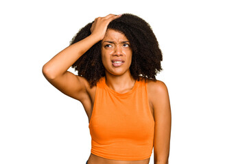 Young African American woman isolated forgetting something, slapping forehead with palm and closing eyes.