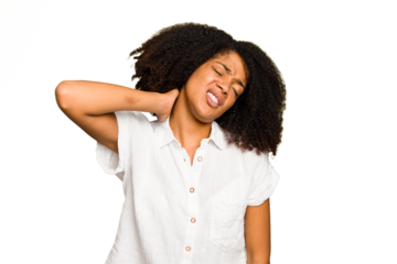Young African American woman isolated suffering neck pain due to sedentary lifestyle.