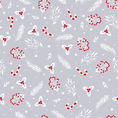 Vector winter floral pattern with snowflakes. Seamless background with winter branches, leaves, berry and stars. Hand drawn floral elements.