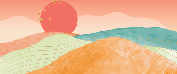 Abstract mountain and golden line arts background vector. Watercolor oriental style, hills, sun, sky with luxury curve gold lines texture. Wall art suitable design for home decor, wallpaper, prints. 