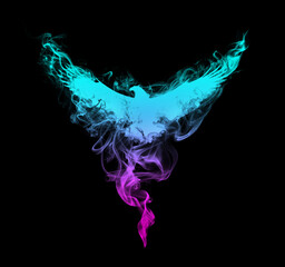 Silhouette of a flying eagle with spread wings in beautiful puffs of smoke isolated on a black background. Silhouette of a flying eagle in clouds of smoke with a beautiful gradient.