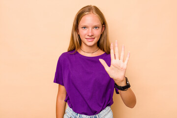 Caucasian teen girl isolated on beige background smiling cheerful showing number five with fingers.
