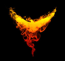 Silhouette of a flying eagle with spread wings in beautiful flames, isolated on a black background. Silhouette of a flying eagle on fire. Big large size.