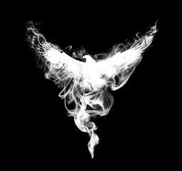 Silhouette of a flying eagle with spread wings in beautiful puffs of smoke isolated on a black background. Silhouette of a flying eagle in clouds of smoke.