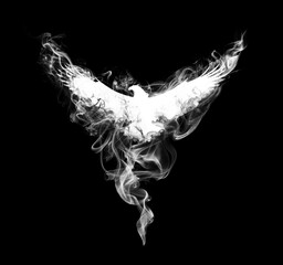 Silhouette of a flying eagle with spread wings in beautiful puffs of smoke isolated on a black background. Silhouette of a flying eagle in clouds of smoke. - 536968250
