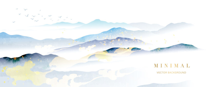 Abstract mountain and golden line arts background vector. Watercolor oriental minimal style painting texture, landscape, sky, birds, hills, clouds. Wall art design for home decor, wallpaper, prints. 