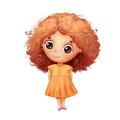 Cute girl in yellow dress. Funny hand drawn character in cartoon style isolated on white