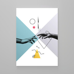 Two hands reaching for each other. Art composition. Transparency geometrical background. Cover design template for presentation, poster, cover or brochure. Vector illustration on a social topic.