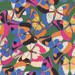Cute different butterflies, different colours. Exotic tropical insect seamless pattern. Hand drawn vector illustration. Nature fashion concept for print, wallpaper, decoration, textile, fabric, wrap