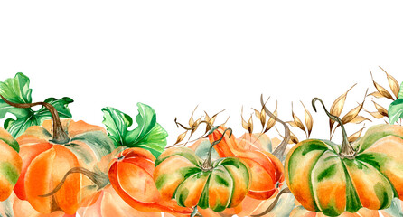 Seamless banner of pumpkins watercolor illustration isolated on white.