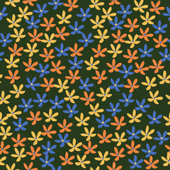 Obraz premium Cute colourful meadow small flowers. Vintage motif print. Romantic simple floral seamless pattern. Botanical flowers in modern flat style. Vintage ornament. Vector illustration