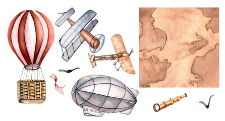 Set of retro airplanes and vintage paper of map watercolor illustration isolated © Ekaterina Lanbina