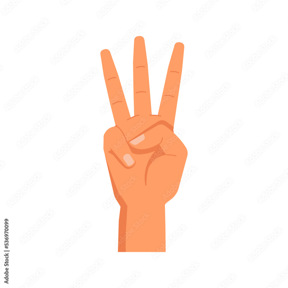 Poster Showing number three with raised fingers, isolated hand gesture. Counting or enumerating, digits and figures. Nonverbal communication. Vector in flat style