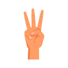 Showing number three with raised fingers, isolated hand gesture. Counting or enumerating, digits and figures. Nonverbal communication. Vector in flat style