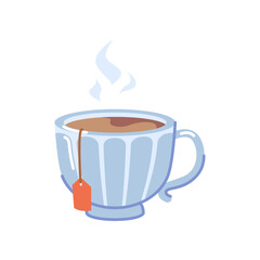 Aromatic Christmas beverage, isolated cup of tea with bag and steam. Hot tasty drink, coffee or chocolate, latte or espresso. Winter holidays. Vector in flat style