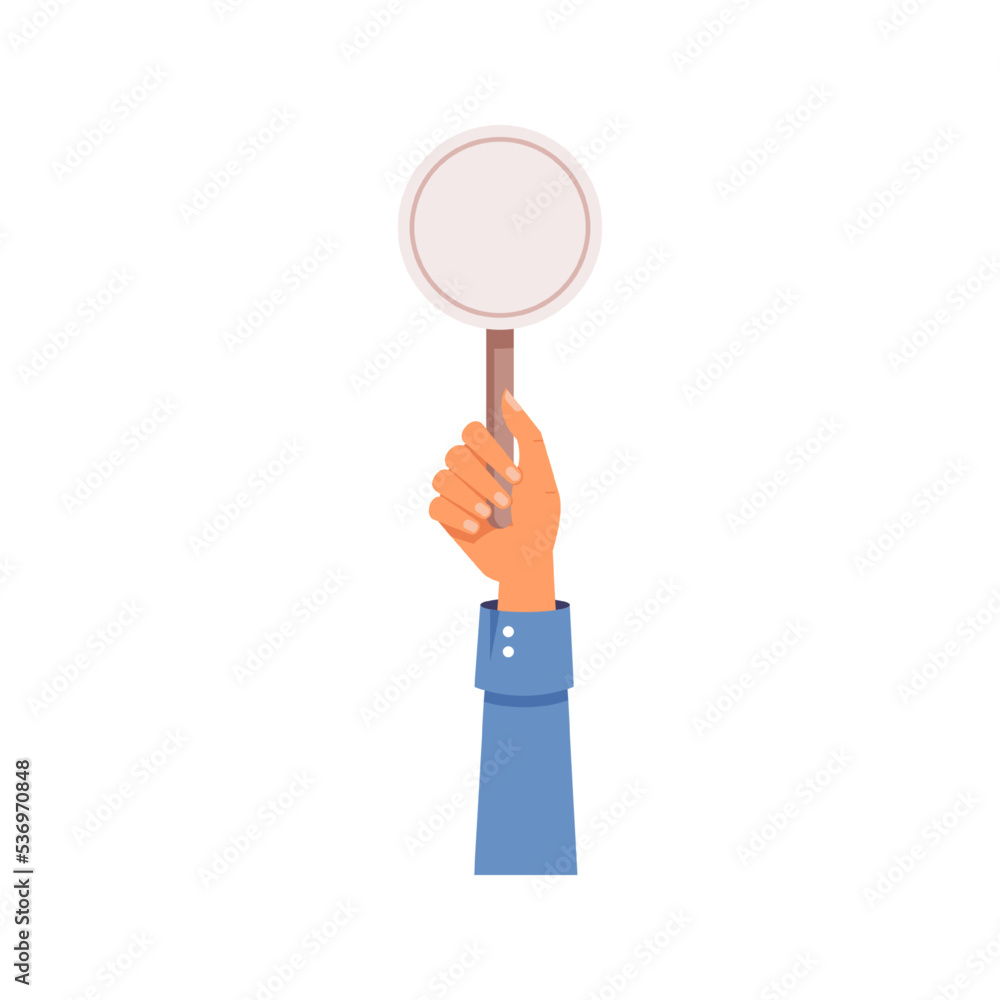 Aufkleber personage hand holding blank jury sign, isolated arm of character with table with copy space. voting